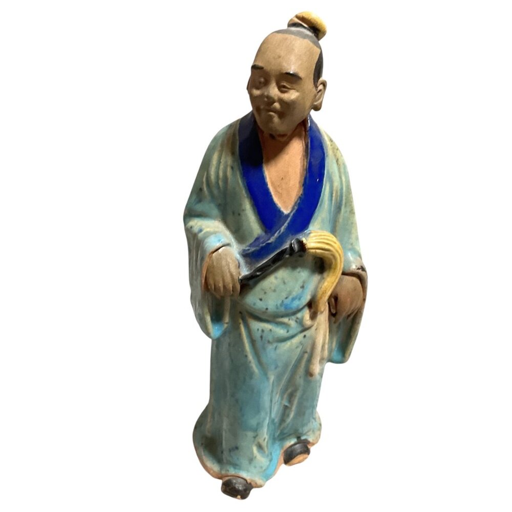 Antique Hand-Painted Chinese Mudman Figurine Blue Robe